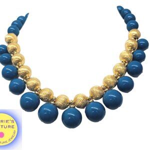 Vintage 1980s Signed Napier Goldtone Blue Beaded Necklace